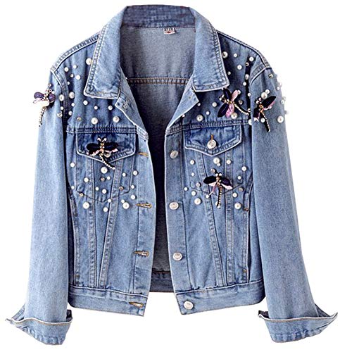 Kedera Womens Denim Jacket Pearls Beading Embroidered Cropped Jean Coat