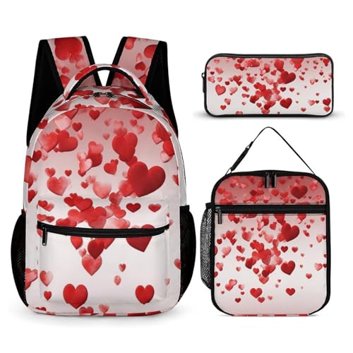 Falling Red Hearts Backpack Set 3 Piece, Durable Backpack Insulated Lunch Bag Portable Pencil Case for Men Women