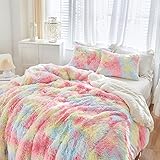 FlySheep Luxury Faux Fur Shaggy Colorful Fluffy Comforter Set Queen Size Rainbow Ombre Long Hair, Pl