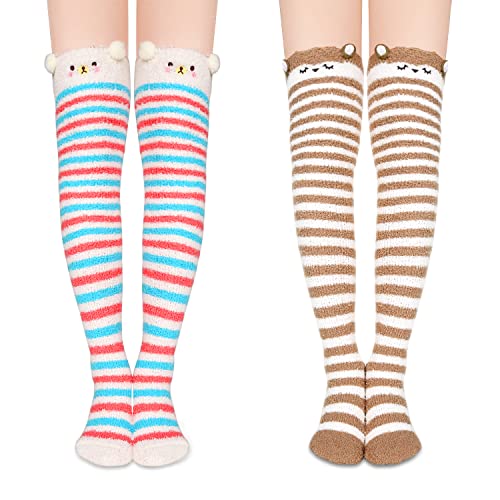 Image of Benefeet Sox Girls Cute Animal Fuzzy Knee High Socks Womens Funny Striped Cozy Winter Warm FluffyThigh High Socks Leg Warmers