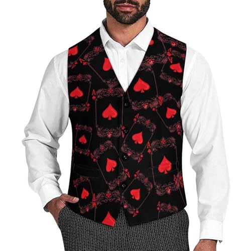 Hearts Playing Card Poker Suit Vest for Men Slim Fit Tuxedo Waistcoat Button V Neck Business Coat