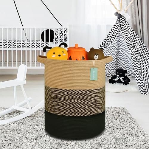 Image of Cotton Rope Blanket Basket, 72L Tall Laundry Hamper, Brown & Black | 16 inchx 22 inch, Large Collapsible Woven Nursery Hamper with Sturdy Handles for Clothes Toys Towels, Bedroom Living Room Bathroom