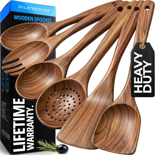 Zulay Kitchen 6 Piece Wooden Spoons for Cooking &ndash; Natural Teak Wooden Utensil Set, Easy to Clean...