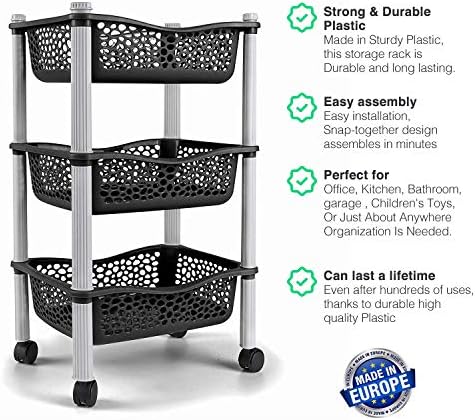 Kitchen Storage Trolley on Wheels, Sturdy, Durable, Heavy Duty - Rolling Cart for Kitchen, Office, Bathroom & Room Decor, 3 Tier Trolley Cart, Black