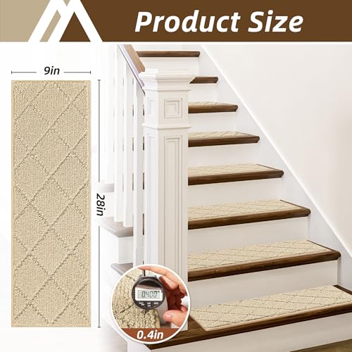 Image of COSY HOMEER Stair Treads for Wooden Steps 9 inchx28 inch,Washable Non Slip Carpet Stair Treads with Reusable Residue Free Backing Soft Peel and Stick Stair Runner Rugs for Kids Elders Pets,Warm Beige,4pcs
