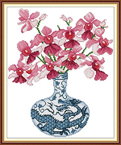 Kit point de croix pré-imprimé Fleur de Porcelaine pour broder sans erreur