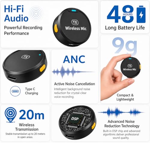 Image of 2-in-1 Wireless Microphone for Vlogging, YouTube, Reels, Online Classes, Interviews, Magnetic Collar Clip, 360 Sound Capture, 40M Range, 6Hr Battery, iOS Android, DSLR Type C (M1 Dual)
