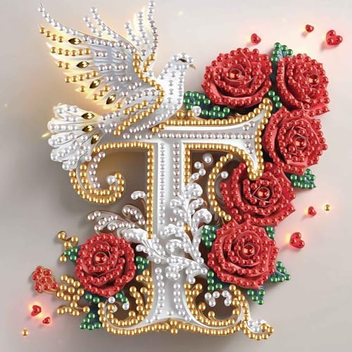 Image of AiYuanzsh 5D DIY Diamond Art Kits for Adults Letter T, Timeless Rose & Dove Floral Special Shape Diamond Painting Kit, Alphabet Diamond Art for Home Decoration and Valentine's Day Gift Idea 17x17cm