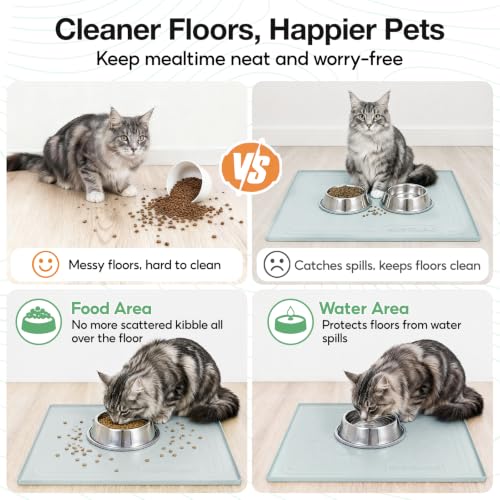 Image of 22x19 Pet Feeding Mat Waterproof Nonslip Cats and Dogs Water Bowl Mat | Silicone 0.59 inch Raised Edges Contain Food & Water Spills, Easy To Clean, Bpa-Free, Reinforced To Resist Collapse,Light Blue