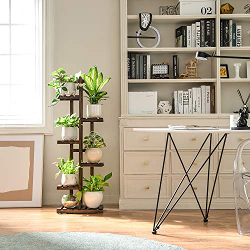Mkono Wood Plant Stand 6 Tier 7 Potted Plant Shelf Indoor Outdoor Tall Multi-Tiered Flower Pot Holder Modern Ladder Storage Rack Display Planter For Patio Garden Corner Balcony Living Room, Brown #TOP1