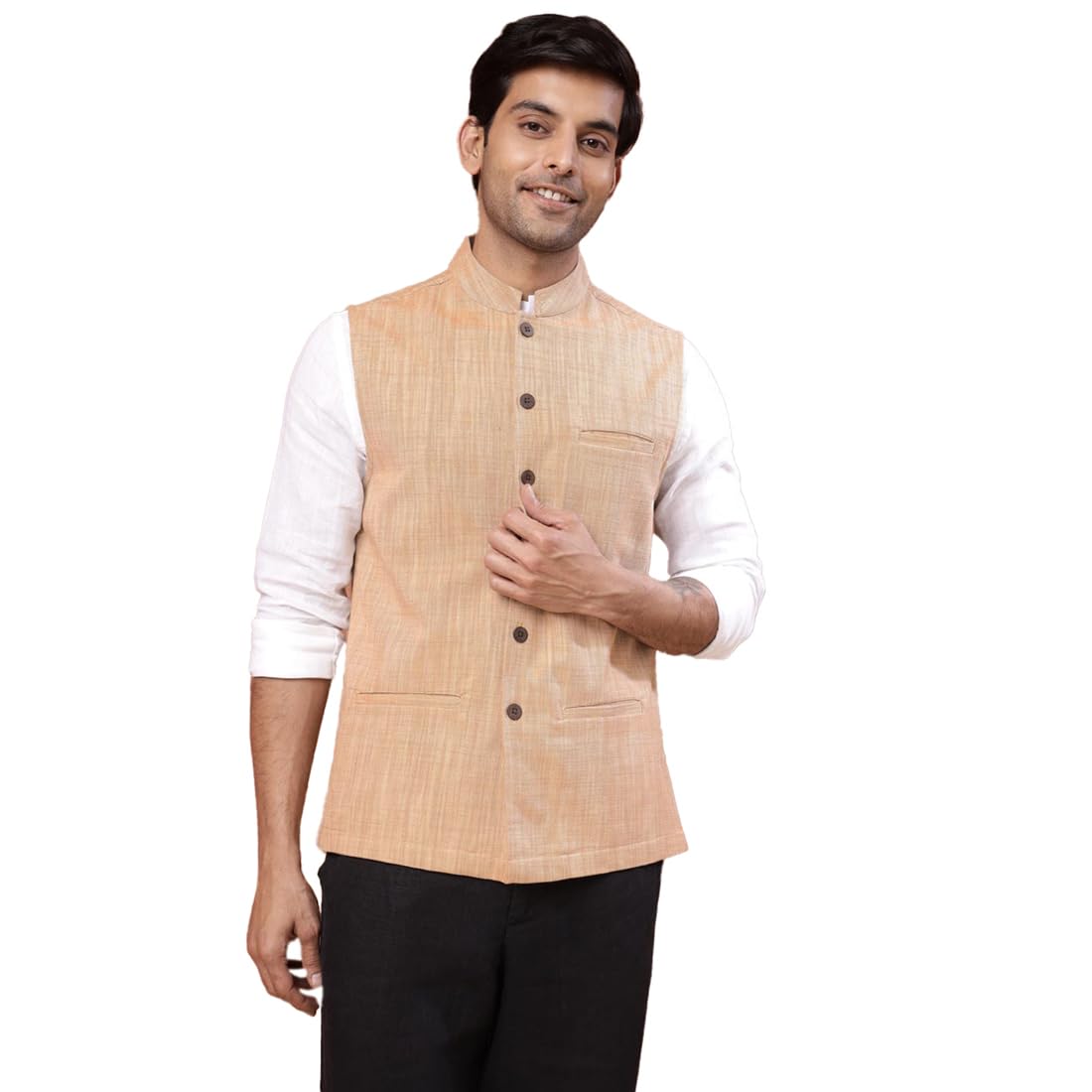 Men's Beige Cotton Hand Block Printed Nehru Jacket