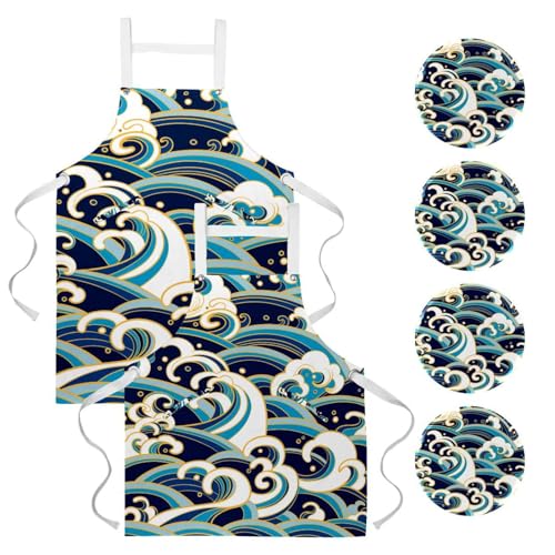 Lot de 2 tabliers de cuisine oriental bleu et blanc avec broches