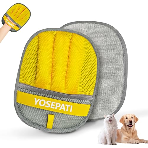 YOSEPATI Magic Brush Pet Hair Removal Glove for Cats & Dogs Ectrostatic Five-Finger Fur Remover The Magic Brush Pure Path Grooming Remover Glove for Laundry Carpet & Car Seat (Grey & Yellow)