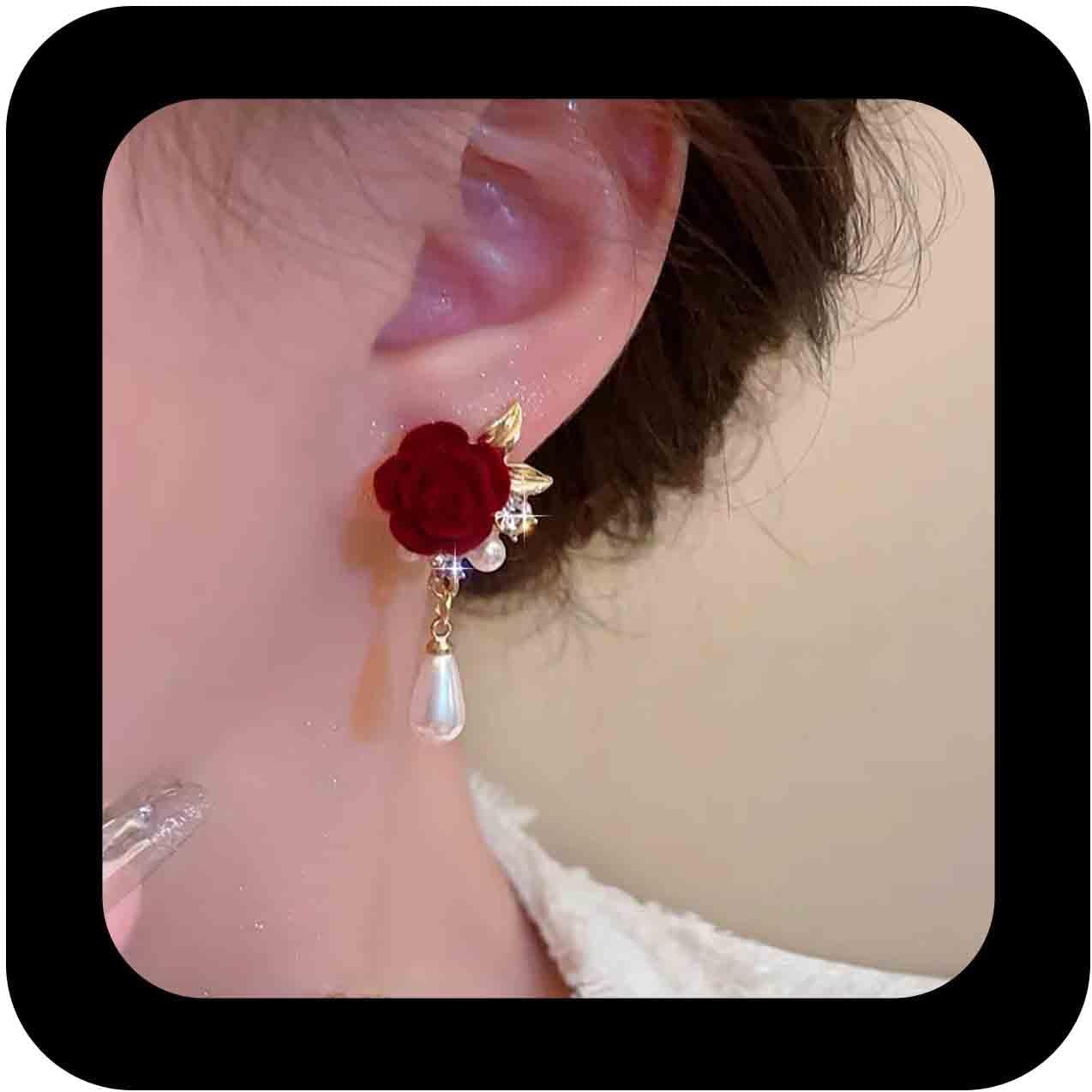Bohemian Camellia Crystal Pearl Dangle Earrings Gold Cz Pearl Drop Earring Red Velvet Rose Flower Earring Vintage Rose Camellia Flower Earrings Jewelry for Women