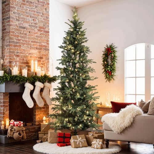 LuxenHome 7ft Slim Artificial Christmas Tree, Prelit Pencil Christmas Tree with 250 Warm White...