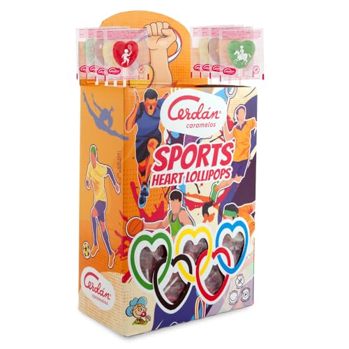 Caramelos Cerdán | Piruleta SPORTS Hearts Lollipop | Caramelos de Sabores Surtidos Frutas y Cola | Sin Gluten ni Alérgenos | Ideal para Fiestas, Eventos y Cumpleaños | Estuche de 200 Unidades