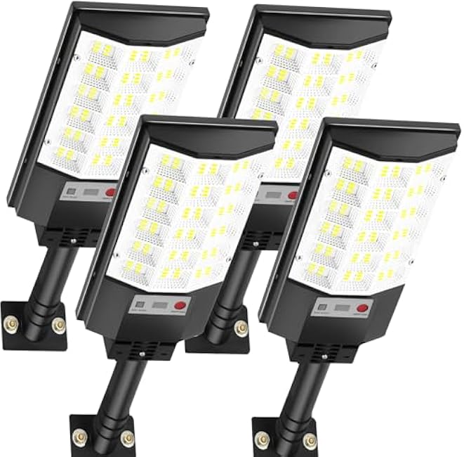 4 Pack Solar Outdoor Lights, Motion Sensor Flood Light, Dusk to Dawn Street Lights with Remote Control, IP66 Waterproof Solar Powered Parking Lot Lights, 6500k Dimmable Security Lamps