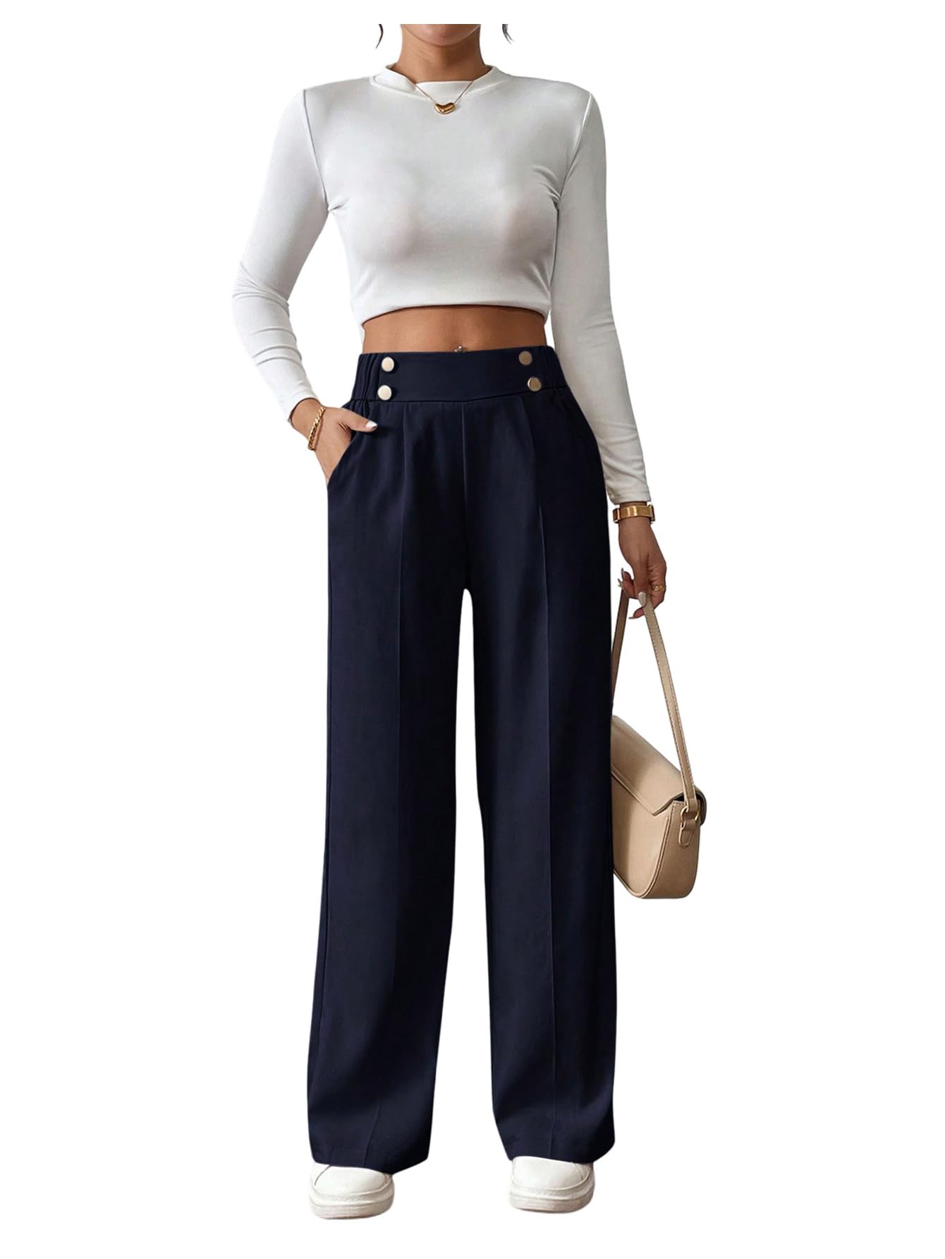 Floerns Womens Elegant High Waisted Wide Leg Pants Business Casual Office Dressy Trousers