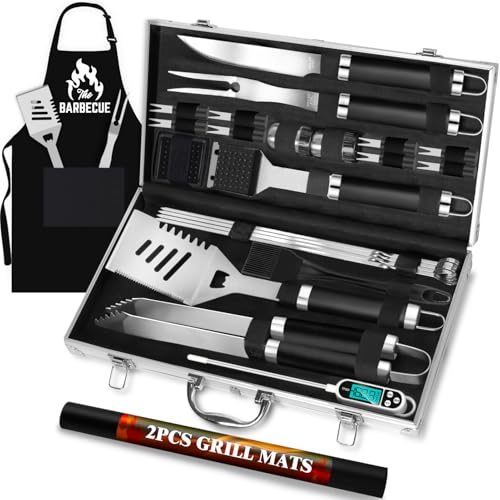 ROMANTICIST 26pcs Stainless Steel Grill Tool Set, Heavy Duty BBQ Grilling Accessories Gifts for Men Dad, Non-Slip Grill Utensils Kit with Apron, Thermometer, Mats in Aluminum Case for Valentines Black