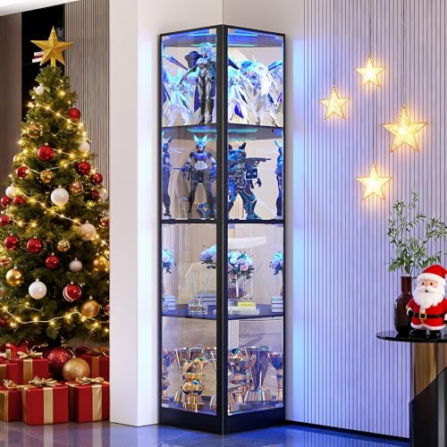FREDEES Vitrina de cristal con iluminación LED, vitrina de esquina de cristal de 4 pisos para coleccionables, juguetes, libros, color negro