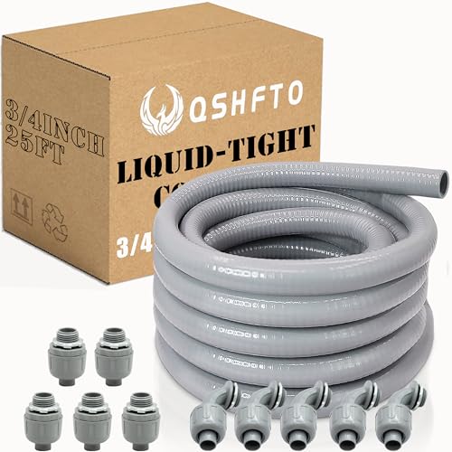 QSHFTO 3/4 Inch Liquid-Tight Conduit and Connector Kit - 25 FT Non-Metallic Electrical Conduit with 5 Pcs 180 Straight and 5 Pcs 90 Angle Fittings