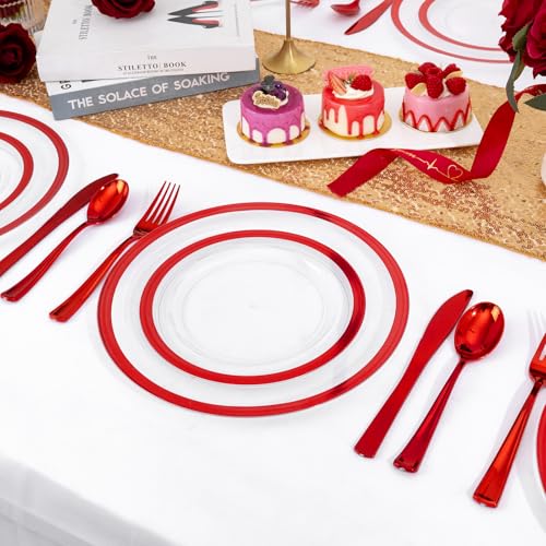 U-QE 200PCS Red Plastic Plates - Clear Red Plastic Plates Disposable Heavy Duty - Include 100 10" Dinner and 100 7" Dessert Platos for Party