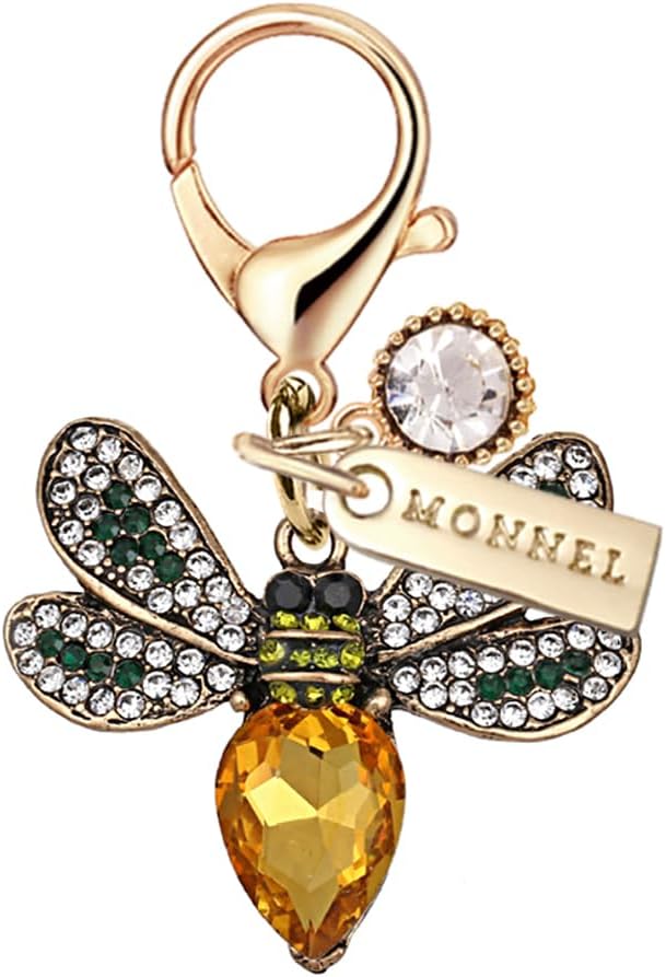 MC526 Small Crystal 3D Honey Bee Lobster Clasp Charm for Women with Velvet Bag (Yellow,1 Piece)