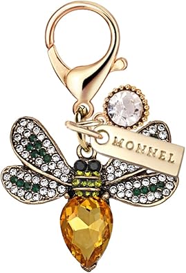 MC526 Small Crystal 3D Honey Bee Lobster Clasp Charm for Women with Velvet Bag Yellow,1 Piece