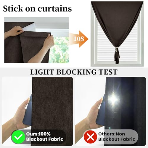 Image of 100% Blackout Magic Tape Stick On Curtains Window Shades Pull Down Blackout Window Cover No Drillng Self Adhesive Curtains No Rod Small Windows, W35 x L60 inch, 1 Panel, Dark Brown