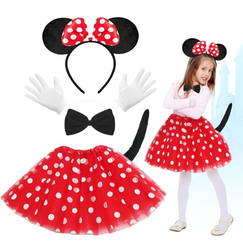 Disfraz de Minnie Niña, 5 Pcs Disfraz de ratón para mujer, Disfraz de Carnaval con Diadema de Orejas de Ratón, Guantes, Pajarita, Cola, Tutu Falda, para Carnaval Cosplay Fiesta Cumpleaño, Rojo