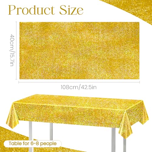 Image of Just Shimmer 1 Pack Gold Holographic Tablecloth 40 x 108, Shiny Laser Iridescent Disposable Plastic Rectangle Table Cover for Birthday, Graduation, Wedding, New Year Christmas Party Decorations