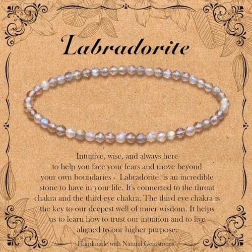 BONNY BOXX Natural Genuine Gemstone Faceted Round Beads Bracelets, 3mm Adjustable Stretchy Tiny Faceted Labradorite Bracelet, Healing Crystal Reiki Chakra Dainty Jewelry Fashion Gifts