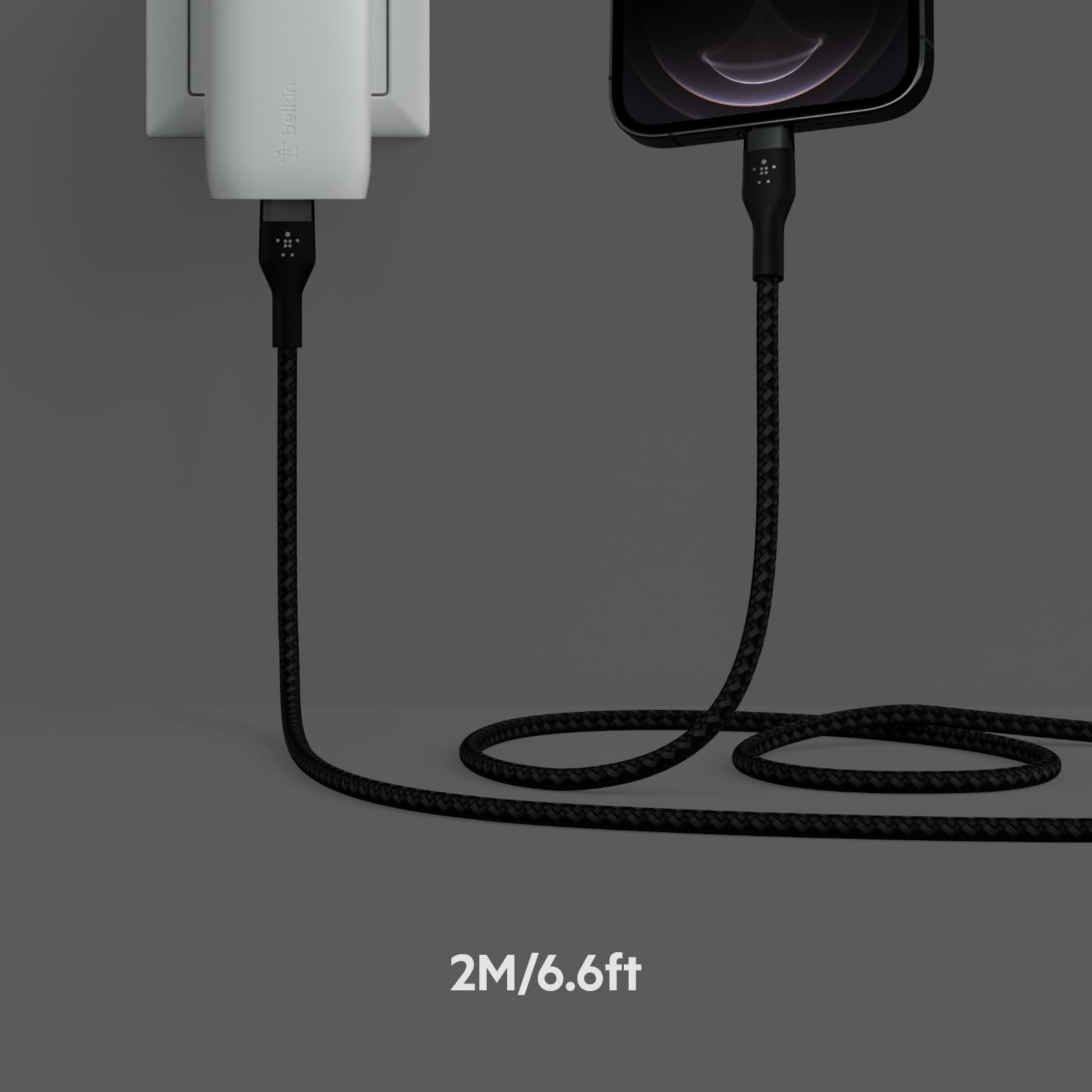 Kabel Belkin BoostCharge Pro z giętkim plecionym kablem USB typu C do Lightning (2 m), z certyfikatem MFi 20 W do szybkiego ładowania PD Power Delivery dla iPhone, iPad i innych — czarny