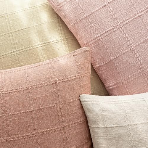 Image of Foindtower Set of 1 Decorative Linen Check Throw Pillow Cover Neutral Farmhouse Vintage Cushion Cover Modern Boho Accent Home Decor for Sofa Chair Couch Bedroom Living Room,18x18 Inch,Coral Pink