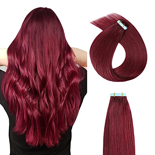 YILITE Colorful Tape in Hair Extensions Remy Human Hair 10pcs 20g Burgundy Tape Hair 12 inches