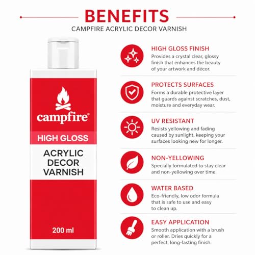 Image of Campfire Acrylic Decor High Gloss Varnish for Art, Craft, Canvas, Wood & DIY Projects | Fast Drying Gloss Varnish with 20 Minutes Settle Time for Best Results (After Dry Transperent, 100 ml)