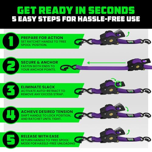 Image of Rhino USA Retractable Ratchet Straps (2-Pack) - 1 Inch x 10 Feet (1,209lb Break Strength) - Auto Self Retracting Tie Down Straps for Truck, Cargo Trailer, Motorcycle, ATV, UTV - Purple