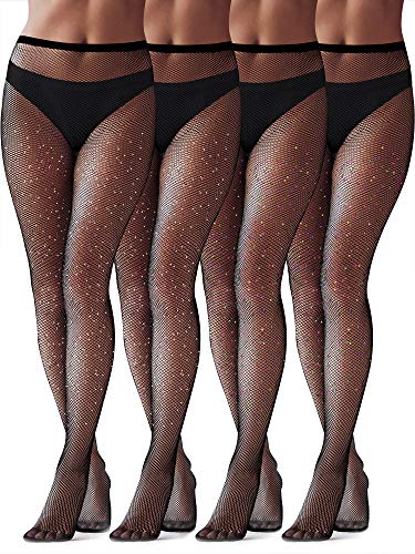 4 Pieces Rhinestone Fishnet Stockings High Waist Tights Pantyhose Glitter Mesh Stockings (Black Color)