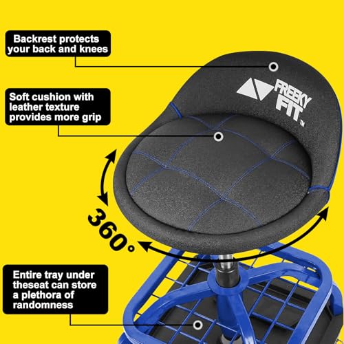 Image of Rolling Stool with Blue Wheels,Heavy Duty Garage Work Mechanic Rolling Shop Stool with Backrest, Adjustable Height 360Swivel Roller Mechanic Chair with 2 Tool Trays, 330 LBS Capacity