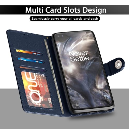 Image of Pikkme Flip Cover Leather Finish | Inside TPU with Card Pockets | Wallet Stand and Shock Proof | Complete Protection Button Flip Case for Oneplus Nord (2020) (Blue)