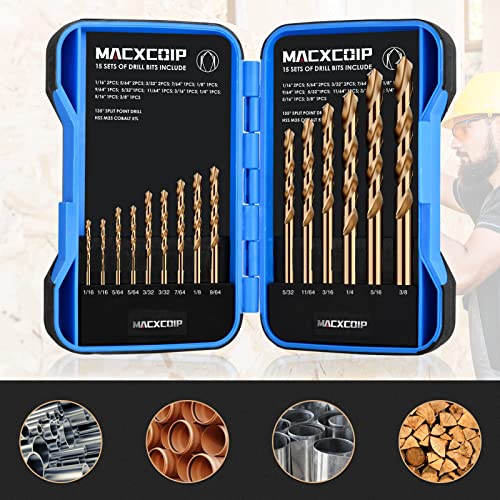 Macxcoip Cobalt Drill Bit Set, 15Pcs M35 High Speed Steel Jobber Length Drill Bit Kit For Hardened Metal, Stainless Steel, Cast Iron, Wood And Plastic, With Index Storage Case, 1/16"-3/8" #TOP4