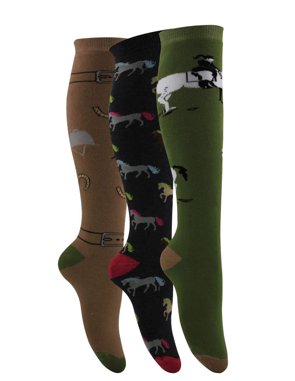 Henry George 3 Pack Ladies Girls Novelty Horse Pattern Socks Designed for Welly Boots Cushion Sole Size 4-7 UK Full Length, Multicolour, One Size, (474028)