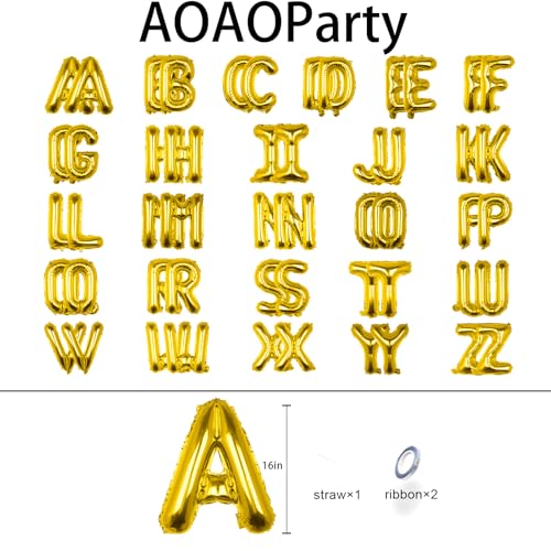 Image of 52PC Letter Balloons Foil Mylar Gold Balloons A-Z 16Inch Hanging Alphabet Balloon Custom Phrase for Birthday Anniversary Wedding Party Decorations