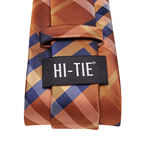 Image of Hi-Tie Mens Plaid Ties Classic Paisley Necktie with Handkerchief Cufflinks Set Business Stripe Tie