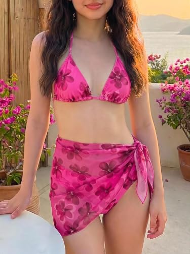 Image of SOLY HUX Girl's Summer Swimsuit Set Floral Halter Triangle Bikini Set with Wrap Skirts Beachwear