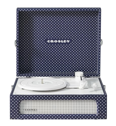 Image of Crosley CR8017B-ND Voyager Record Player, Navy Dot | 3-Speed Turntable, Bluetooth In / Out, Built-in Full-Range Stereo Speakers, Adjustable Pitch Control
