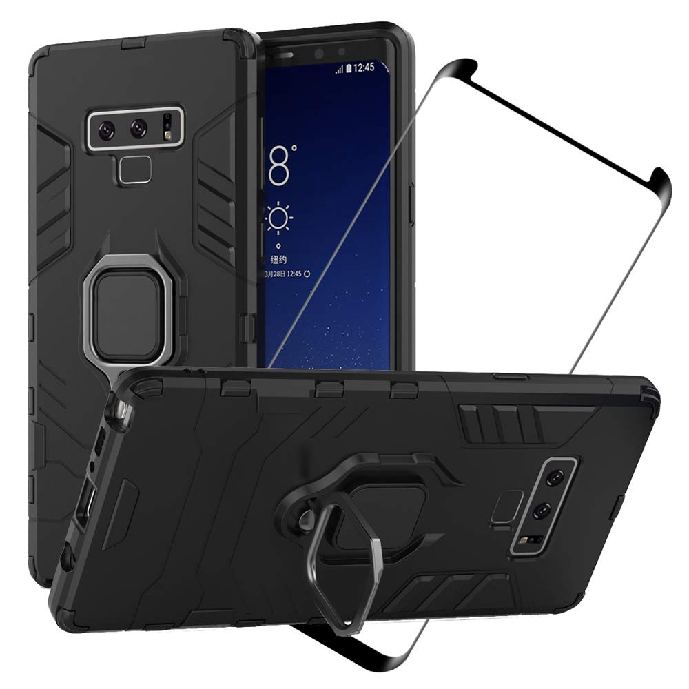 2ndSpring Case for Samsung Galaxy Note 9 + Tempered Glass Screen Protector,Hybrid Heavy Duty Protection Shockproof Defender Kickstand Armor Case Cover,Black