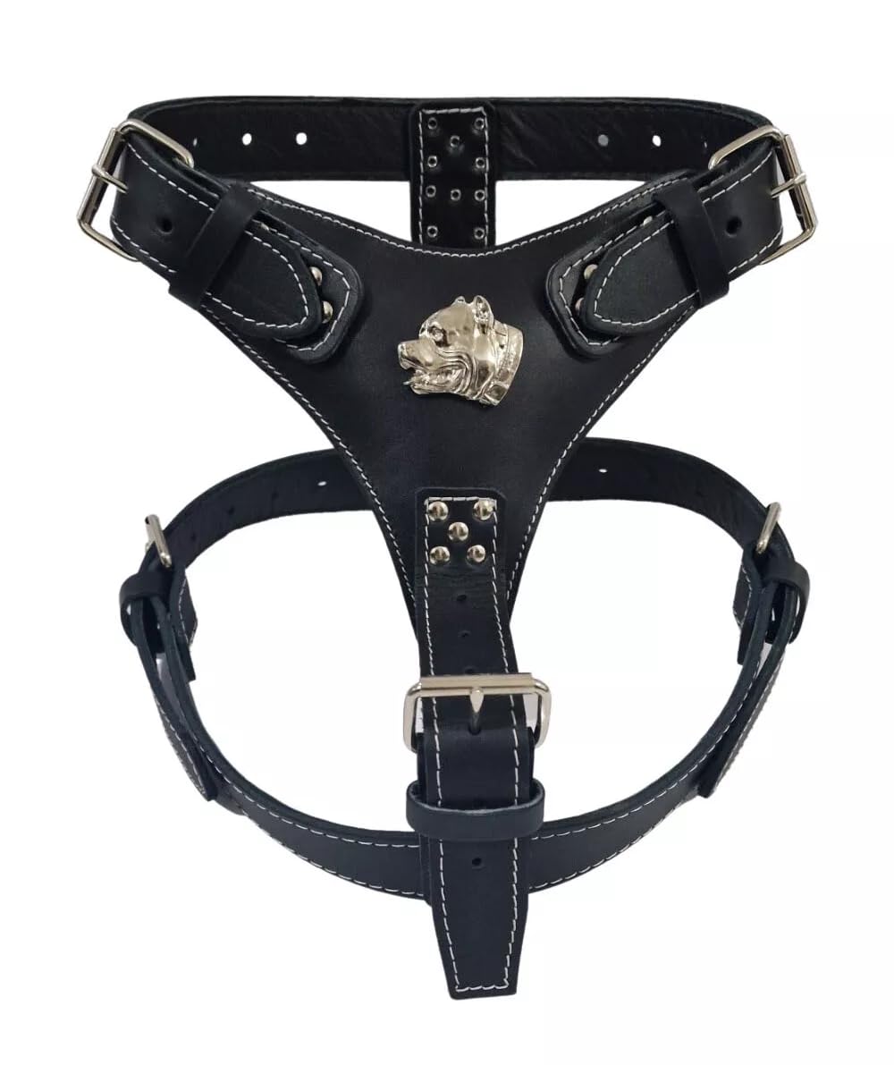 Bully Heavy Duty Leather Dog Harness with American Bully Head Motif only for Standard/Pocket Bully up to 55kg (Grey, Silver)