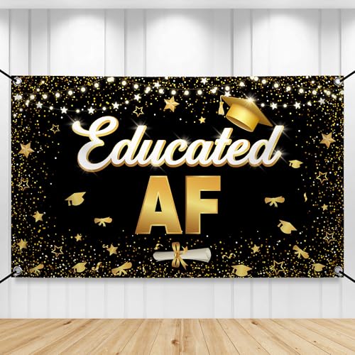 Image of KatchOn, XtraLarge Educated AF Banner - 72x44 Inch | Grad Banner, Black and Gold Graduation Decorations 2026 | Graduation Backdrop, Educated AF Decorations |