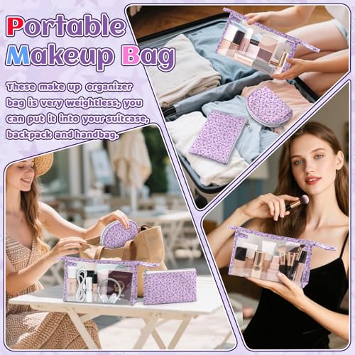 3 Pieces Purple Makeup Bags, Large Capacity Cosmetic Bags With Zipper, Clear Travel Toiletry Bag Waterproof Organizer Purse Pouch Makeup Storage Case for Women (Purple)4